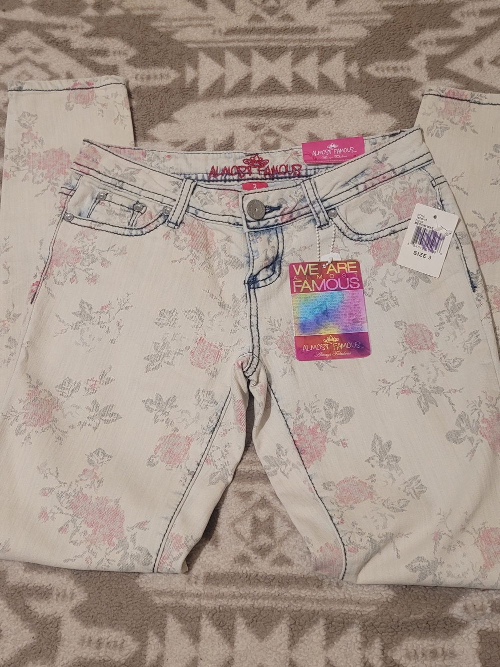 Almost Famous Cream Skinny Jeans with Pink Floral Motif